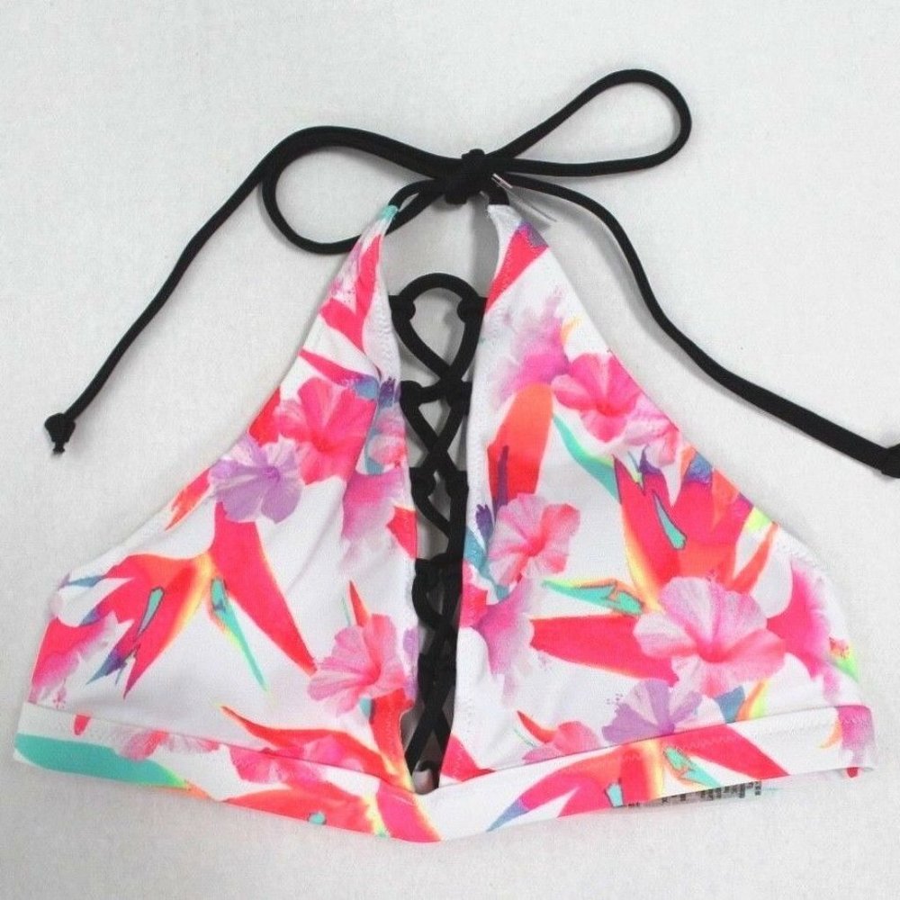 Victoria's Secret PINK Floral Lace-Up Strappy Halter High-Neck Bikini Swim Top